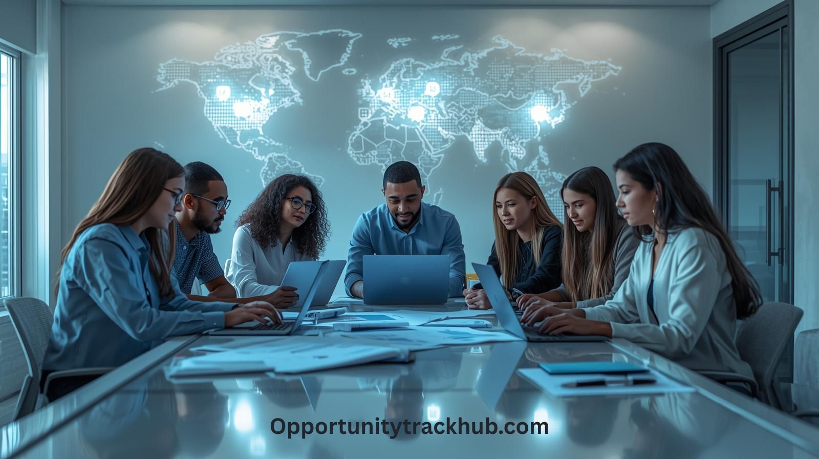 Students collaborating in a modern workspace with laptops and global icons, visually representing The Internship and the top fully funded international internships for 2026